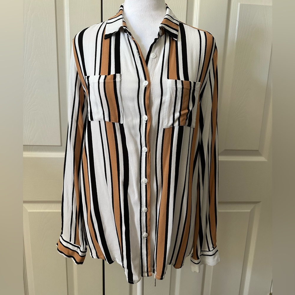Lira, button down long sleeves striped blouse, black/tan/white, size Large
